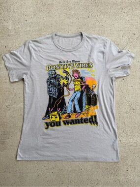 Alternative Positive Vibes Grim Reaper Graphic Tee Grey Funny Sarcastic Shirt L